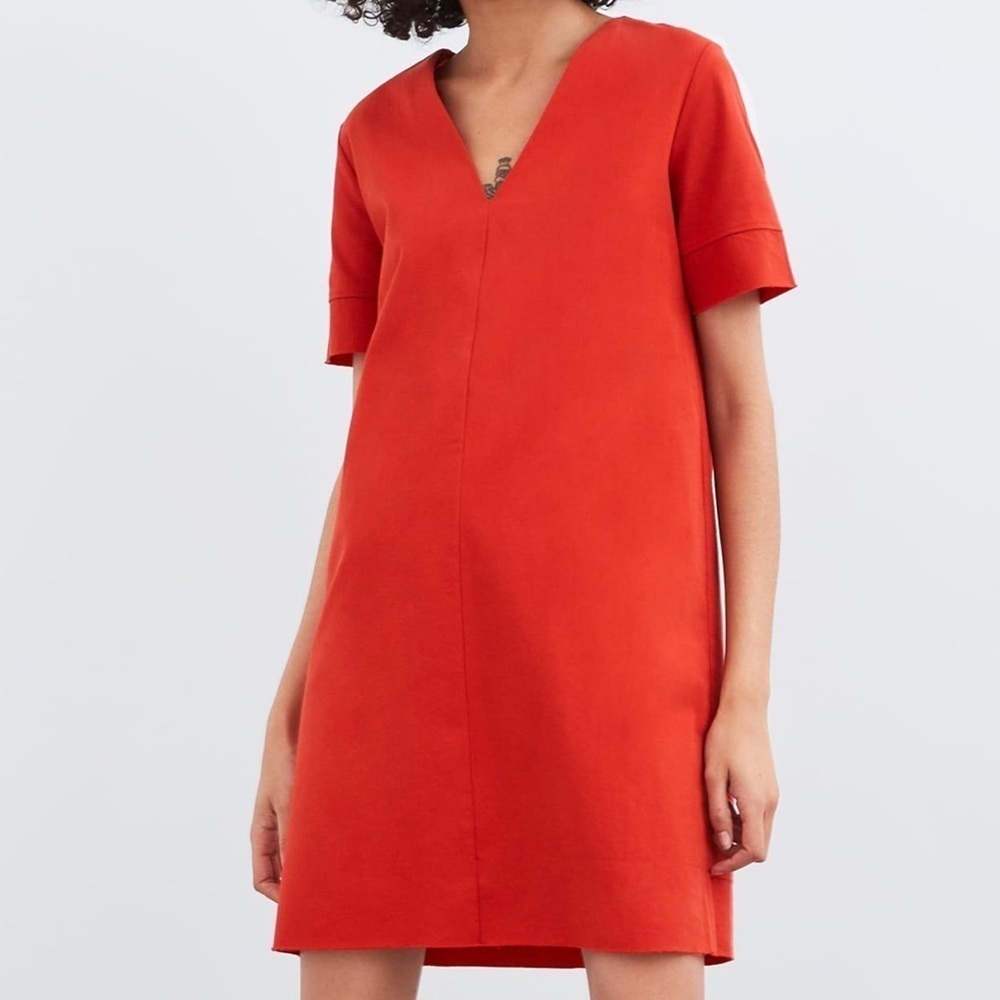Zara Women L Red Cotton Short Sleeve Raw Hem Pullover V-Neck Shift Dress